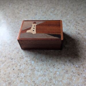 Handcrafted Wooden Inlay Keepsake Trinket Box with Lighthouse Design